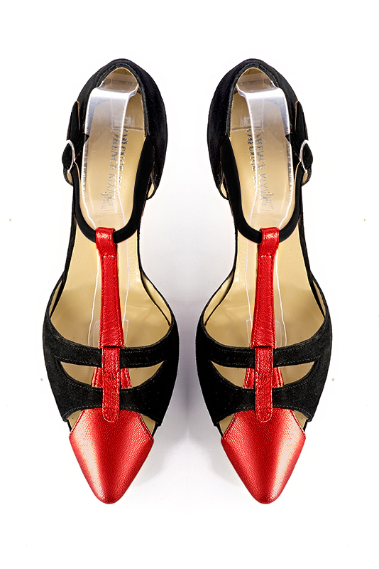 Scarlet red and matt black women's T-strap open side shoes. Tapered toe. Medium flare heels. Top view - Florence KOOIJMAN